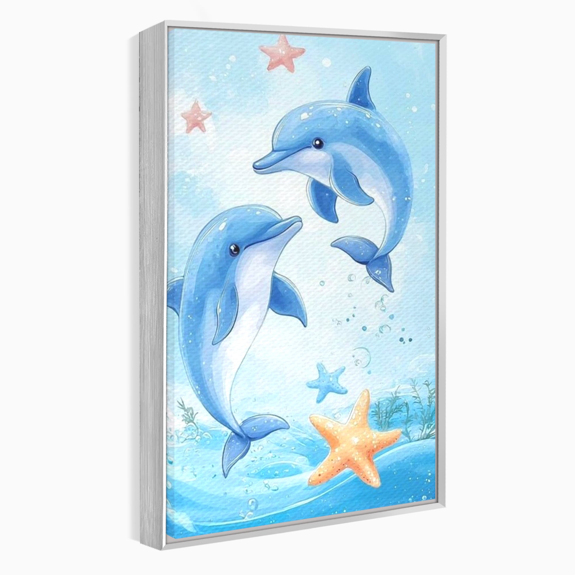 Tablou canvas cu ilustratie cu doi delfini jucausi, in rama de aluminiu argintiu